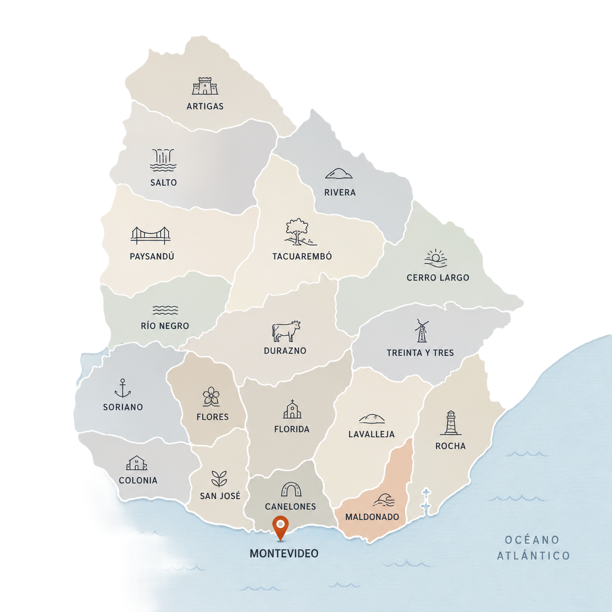 Mapa de los 19 departamentos de Uruguay